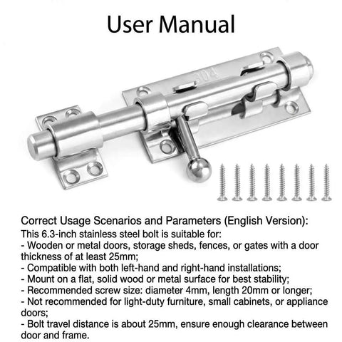 Heavy Duty Six Point Three Inch Stainless Steel Sliding Gate Bolt Lock With Padlock Ready Opening and No Sweat Mounting Kit for Barn Doors and Fences