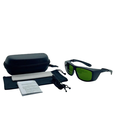 Heavy Duty Ipl Safety Glasses For Laser Hair Removal Photorejuvenation And Elight Shr Gear with green lenses and black case.