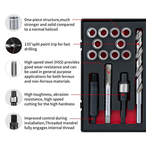 M12X1.75 Thread Repair Kit With Stainless Steel Inserts Drill Tap Counterbore And Install Driver 10 Pcs in EVA Box
