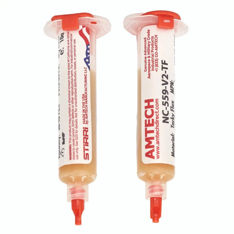 No Clean Tacky Flux For Hand Soldering Tin Lead ROL0, 10g Syringe Kit, two rosin-based syringes with clear residue