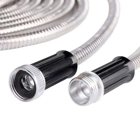 Stainless Steel Metal Garden Hose 75 Ft Flexible No Kink Water Hose For RV Drinking Potable Safe with connectors close-up