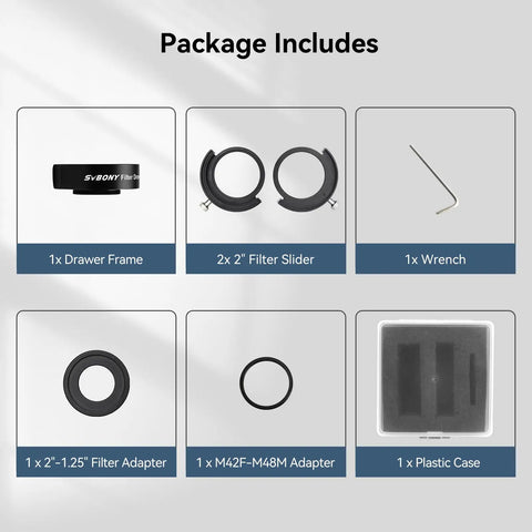 Package includes for Deep Sky Telescope Filter Drawer with magnetic filter holder, including adapters and wrench.