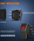 Marine Rocker Switch LED Light Bar 3 Pin With Red Backlit, SPST On Off Switch, black switch showing easy installation and red LED
