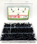 Front view of 280-piece barbed irrigation fittings kit in a clear plastic case; black 1/4" tubing fittings.