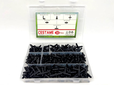 Front view of 280-piece barbed irrigation fittings kit in a clear plastic case; black 1/4" tubing fittings.