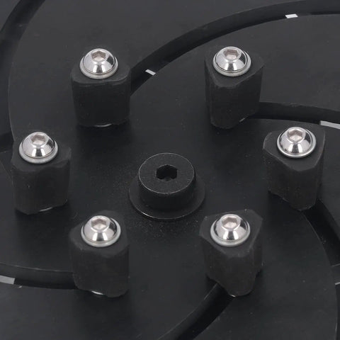 No-Nonsense 300mm Black Wood Lathe Chuck With Reinforced Alloy Body showing six grip points and central fitting for stability.