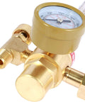 Front view of brass argon/CO2 flow meter regulator with yellow finish and pressure gauge