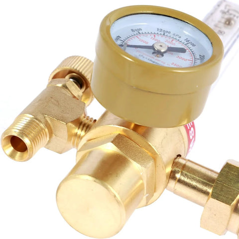 Front view of brass argon/CO2 flow meter regulator with yellow finish and pressure gauge