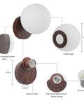 Prosmoon Modern Globe Wall Sconce Set of 2, 3-Color Temperature Adjustable with walnut base and globe glass, dimensions detailed.