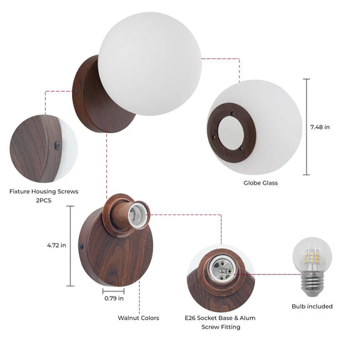 Prosmoon Modern Globe Wall Sconce Set of 2, 3-Color Temperature Adjustable with walnut base and globe glass, dimensions detailed.
