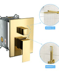 Wall Mounted Square Shower System with Rough-in Valve featuring a gold control panel for rainfall and handheld shower options.