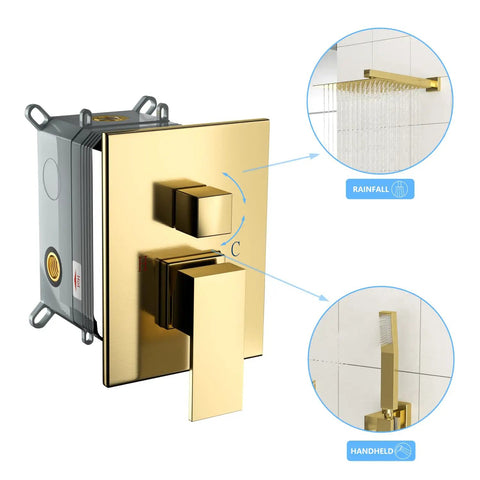 Wall Mounted Square Shower System with Rough-in Valve featuring a gold control panel for rainfall and handheld shower options.