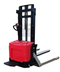 The Ultimate Full Electric Walkie Pallet Stacker With 1000kg Or 1500kg Capacity And A Smooth 3000mm Lift Height in red with lift mechanism.