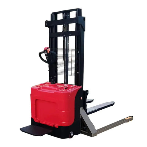 Rock Solid Warehouse Walkie Stacker Equipped with Wide Straddle Legs Offering Portable Hand Push Operation for Reliable Cargo Transfers Throughout Busy Industrial Shops, with a red base and control handle.