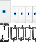 Slick 5 Pack Ethernet Wall Outlet Plates With Cat6 RJ45 Keystone Jacks And Female To Female Couplers For A No Brainer Rock Solid Network Setup showing plates and low voltage brackets.