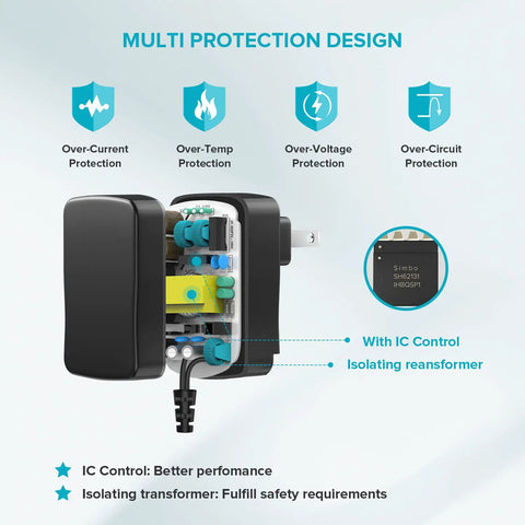 Universal AC DC Power Adapter 12W With 8 Tips 5.5x2.1mm And 5.5x2.5mm Micro USB Output For Routers showing protection design