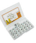 Open box displaying Set Of Fifteen Five Sixteenth Inch Eighteen Thread T Nuts Spring Loaded With Ball Bearings in zinc plated carbon steel.