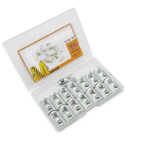 Open box displaying Set Of Fifteen Five Sixteenth Inch Eighteen Thread T Nuts Spring Loaded With Ball Bearings in zinc plated carbon steel.
