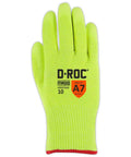 D Roc ANSI A7 Hi Vis Poly Palm Coated Work Gloves with 13 Gauge Hyperon Knit, size 8, showing back design.