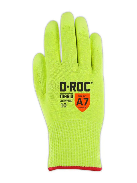 D Roc ANSI A7 Hi Vis Poly Palm Coated Work Gloves with 13 Gauge Hyperon Knit, size 8, showing back design.