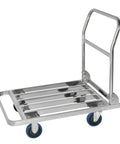Heavy Duty Foldable Platform Push Cart With Smooth Rolling Rubber Wheels And Slick Stainless Steel Frame, side view, compact design.