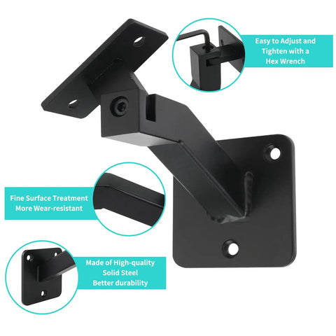 Swivel Handrail Brackets Set, Rugged Heavy Duty Steel Hand Rail Wall Mounts For Staircase Railing, Pack Of 4, Black, Adjustable With Hex Wrench