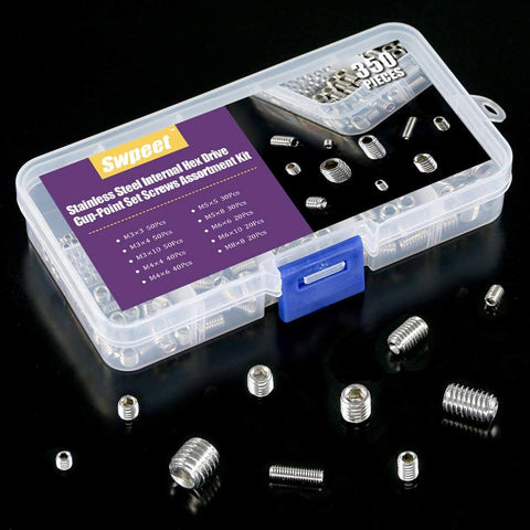 Stainless Steel Allen Head Socket Grub Screw Set With 350 Pieces In 10 Sizes M3 To M8 Internal Hex Drive Cup Point Screws Kit