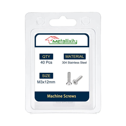 Packaging of M3x12mm Flat Head Countersunk Screws 304 Stainless Steel 40 Pack Hex Socket Cap Screws