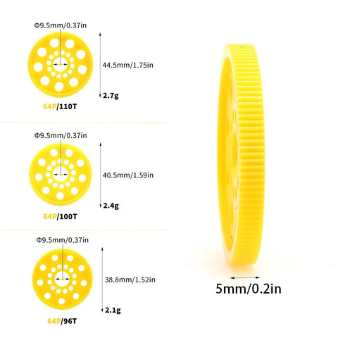 Yellow 64P 96T RC Car Spur Gear comparison with dimensions and weights for different models