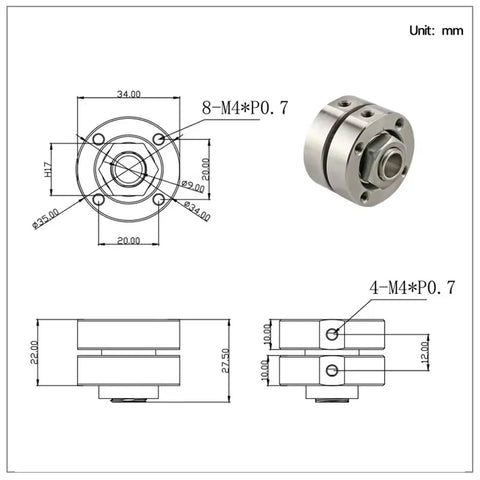 Front view of stainless steel disc torque hinge with through-wire hole damper; circular mounting plate with M4 holes.