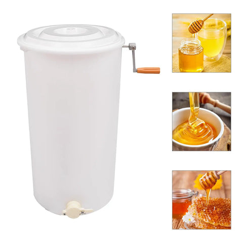 Two-Frame Manual Honey Extractor for Beekeeping, Durable Plastic Centrifuge Tool, White, Easy Grip S-Shaped Handle, Ideal for Home or Store Honey Harvesting, 15.75 by 28.35 Inches, with tap