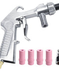 Pro Grade All In One Sandblaster Kit With Air Quick Adapter For Sandblast Cabinets Rust Removal And Surface Cleaning Of Metal Rims Fences Brick Glass Aluminum And More Heavy Duty Abrasive Blasting Gun showing aluminum pistol grip and nozzles
