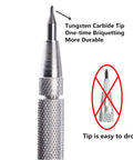 Close-up of Tungsten Carbide Tip Scriber 2 Pack Hand Drill Aluminum Etching Engraving Pen With Clip And Magnet For Glass Ceramics Metal Sheets Plus 2 Extra Replacement Tips, showing tip and knurled grip.
