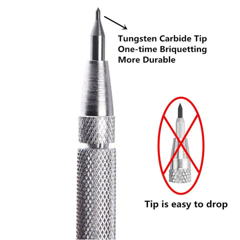 Close-up of Tungsten Carbide Tip Scriber 2 Pack Hand Drill Aluminum Etching Engraving Pen With Clip And Magnet For Glass Ceramics Metal Sheets Plus 2 Extra Replacement Tips, showing tip and knurled grip.