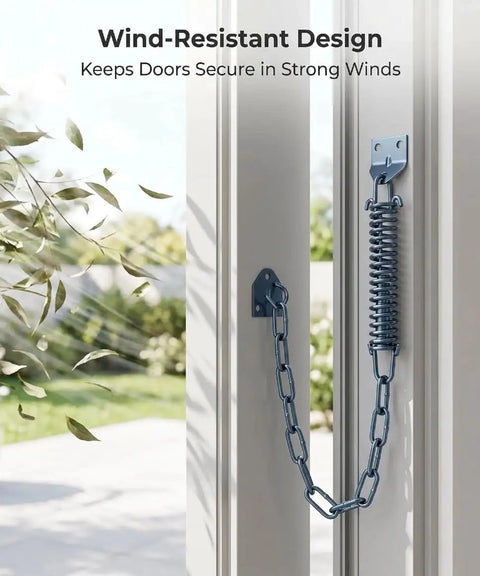 Built Tough Screen Door Chain Stopper With Spring, 2 Pack Wind Safety Hardware For Front Entry, Prevents Over Opening And Door Damage, Durable Spring Steel, Indoor Outdoor Use, Compatible With Storm Door Closer K 5026 installed on a screen door