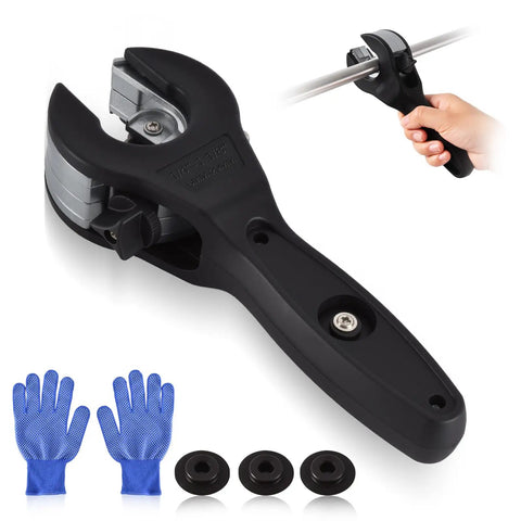 Ratcheting Tube Cutter For Tight Spaces With Ergonomic Handle And Sharp Blades That Easily Cut One Quarter Inch To One And One Eighth Inch Copper Brass And Aluminum Pipes Includes Three Steel Blades And Slip Free Gloves For DIYers And Pros with included gloves and spare blades in view