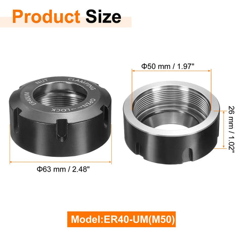 ER40-UM(M50) collet clamping nut with 50mm thread and dynamic balance holes for CNC chucks, made of 40Cr alloy steel, side and top view.