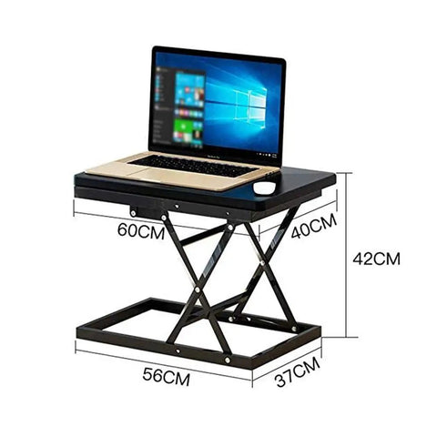 Slick Foldable Office Desk With Adjustable Height Mobile Workbench For Chill Home Office Or Dope Gaming Setup showing dimensions and laptop setup.