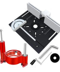 Top Notch Precision Router Lift System And Aluminum Router Table Insert Plate For Woodworking DIY Builds Featuring Bulletproof Mounting shown with components including a red clamp and angle guide.