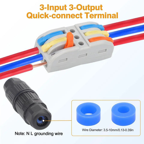 10 Pack Waterproof IP68 Outdoor Junction Box With 3 Way Quick Terminal shown with connected wires and components