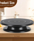 11 Inch Cake Turntable Spinner For Decorating And Pottery Craft By YLSURNY shown on a wooden table with dimensions