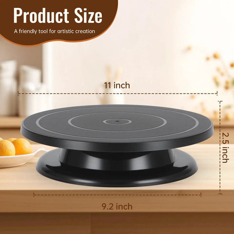 11 Inch Cake Turntable Spinner For Decorating And Pottery Craft By YLSURNY shown on a wooden table with dimensions
