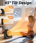 Woman practicing yoga near 2 In 1 Portable Space Heater And Desk Fan For Home Office With 45 Degree Tilt And Dual Speed Settings