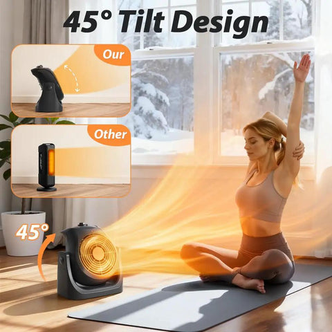 Woman practicing yoga near 2 In 1 Portable Space Heater And Desk Fan For Home Office With 45 Degree Tilt And Dual Speed Settings