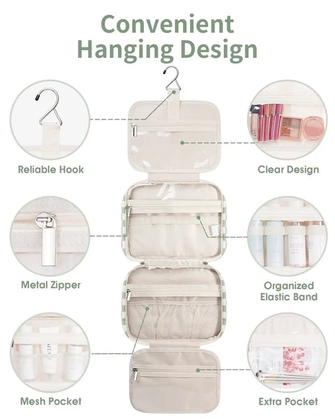 Must Have Hanging Toiletry Bag For Women Travel Organizer With Checkered Green Design, four compartments, convenient hanging hook
