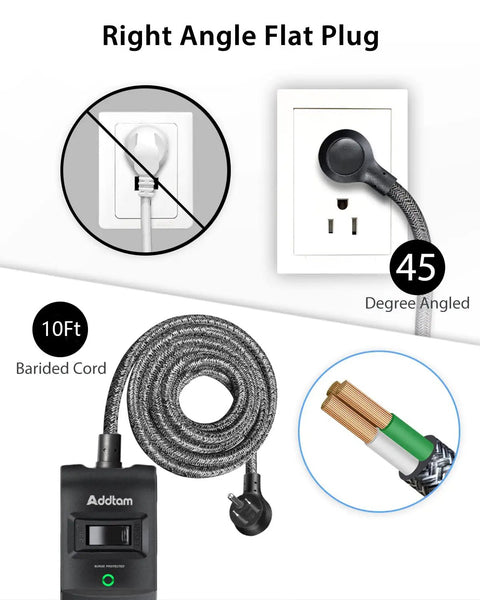 10 Foot Surge Protector Power Strip With 5 Widely Spaced Outlets And 3 USB Ports Heavy Duty Extension Cord For Home Office Computer And Electronics 1875W 15A Let You Charge Up To 8 Gadgets At Once, 10ft braided cord, right angle flat plug