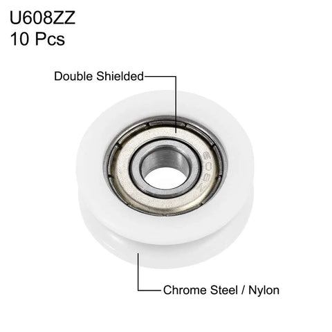 Pro Grade U608ZZ U Groove Ball Bearings 8 X 30 X 10 mm Double Metal Shielded Chrome Steel 10 Pack on white background.