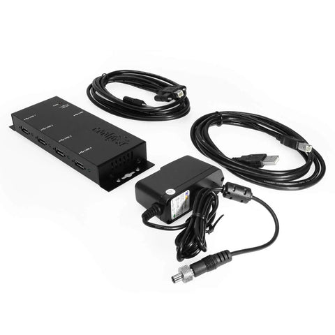 Rugged Metal 4 Port USB 2.0 Powered Hub For Industrial Use With Screw Lock, Mountable Steel Chassis, 480Mbps, power cables