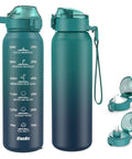 24oz Insulated Water Bottle With Straw And Chug Lids 18/10 Stainless Steel Double Wall Vacuum Bpa Free, showing time markers and dual lids.