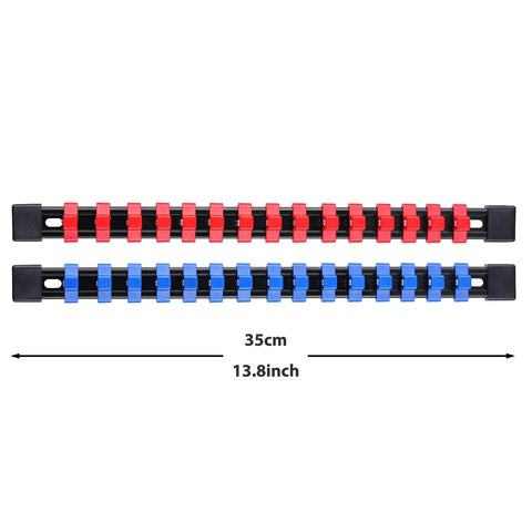 Six Piece Three Eighths Inch Drive Socket Organizer Rails Set With SAE And Metric Holder Rails in red and blue shown.